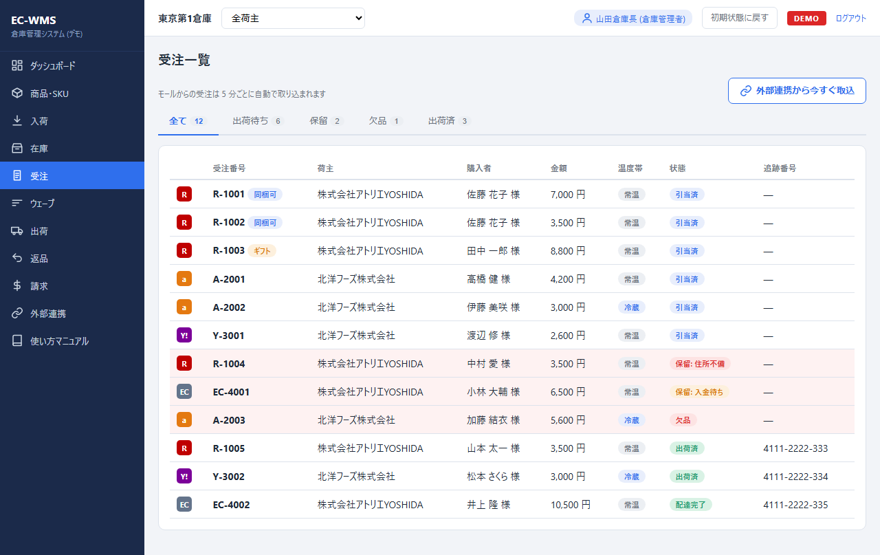 受注一覧画面:楽天・Amazon・Yahoo!など複数モールの注文を一元管理